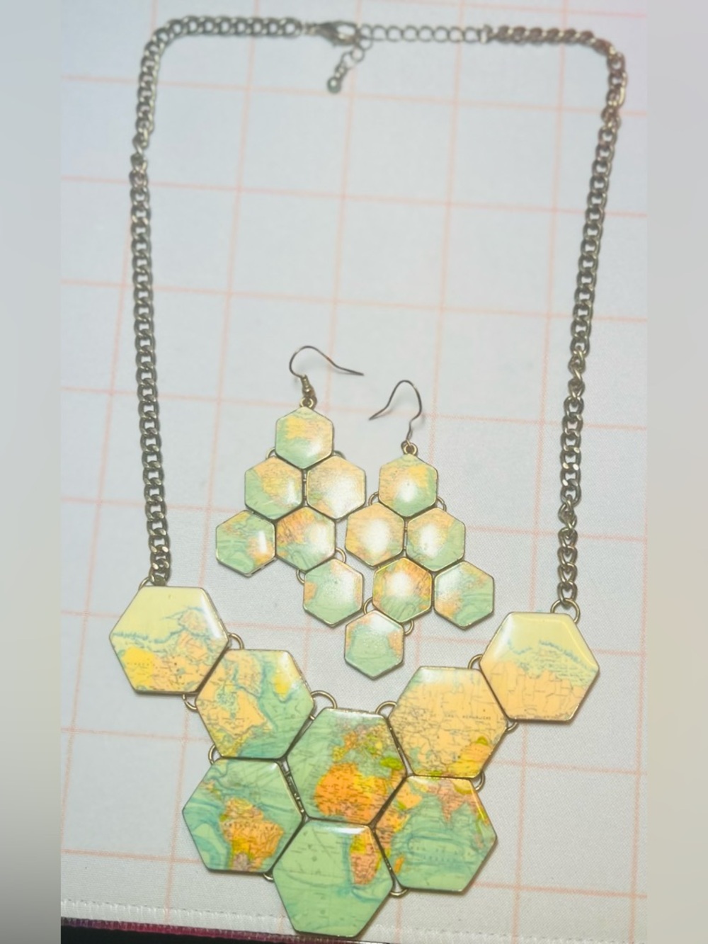 ModCloth Map-Pattern Hexagon Pendant Necklace and Earrings Set
